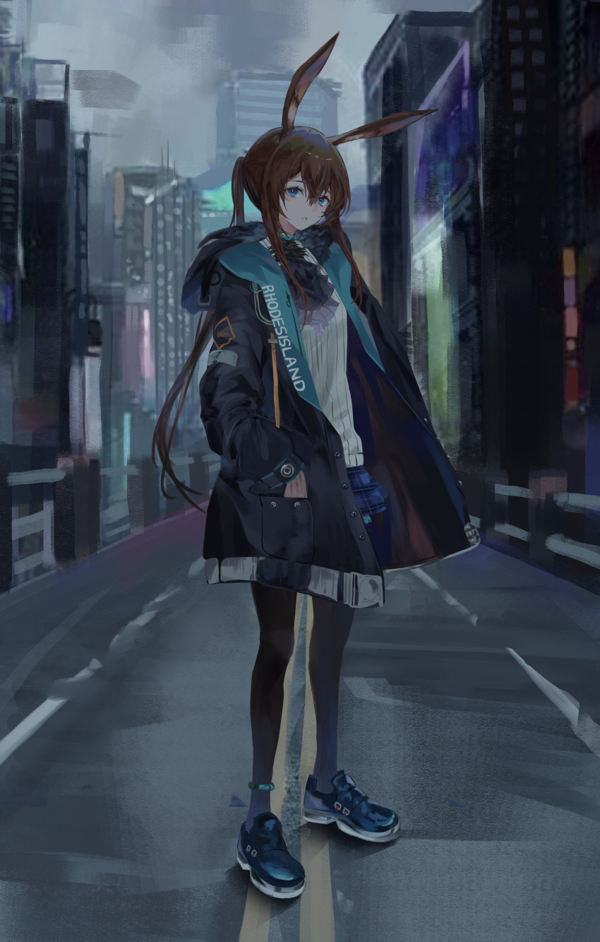 absurdres amiya_(arknights) animal_ear_fluff animal_ears anklet arknights ascot black_coat black_footwear black_legwear black_neckwear blue_eyes blue_skirt brown_hair city coat full_body highres huge_filesize jenmin12 jewelry long_hair long_sleeves looking_at_viewer miniskirt open_clothes open_coat outdoors pantyhose parted_lips plaid plaid_skirt ponytail rabbit_ears road shirt shoes sidelocks skirt standing street striped striped_shirt vertical-striped_shirt vertical_stripes white_shirt