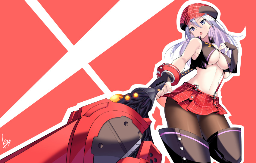 1girl absurdres alisa_ilinichina_amiella boots breasts cabbie_hat daive fingerless_gloves gloves god_eater hat highres huge_weapon large_breasts navel pantyhose plaid_headwear skirt solo suspender_skirt suspenders suspenders_slip thigh-highs thigh_boots under_boob weapon