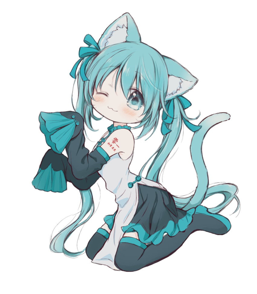 1girl ;3 animal_ear_fluff animal_ears bare_shoulders black_footwear black_legwear black_skirt black_sleeves blue_bow blue_eyes blue_hair blush boots bow cat_ears cat_girl cat_tail chibi closed_mouth commentary_request detached_sleeves dress full_body grey_dress hair_bow hands_up hatsune_miku highres hitode kemonomimi_mode long_hair long_sleeves looking_at_viewer one_eye_closed pelvic_curtain pleated_skirt simple_background sitting skirt sleeveless sleeveless_dress solo tail thigh-highs thigh_boots twintails very_long_hair vocaloid wariza white_background