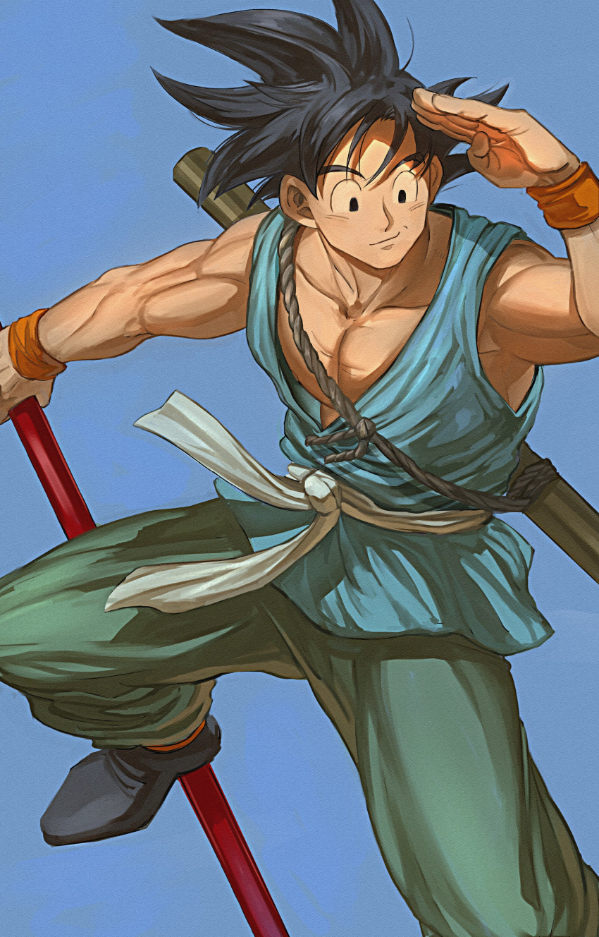 1boy absurdres arm_at_side black_eyes black_footwear black_hair blue_background closed_mouth commentary dougi dragon_ball dragon_ball_z dutch_angle facing_viewer foot_out_of_frame green_pants hand_up happy highres holding holding_weapon knee_up looking_afar male_focus mamefuku_(mamedehuku) muscular muscular_male nyoibo orange_wristband pants pectorals rope shade shoes simple_background smile son_goku spiky_hair symbol-only_commentary weapon wrinkles wristband