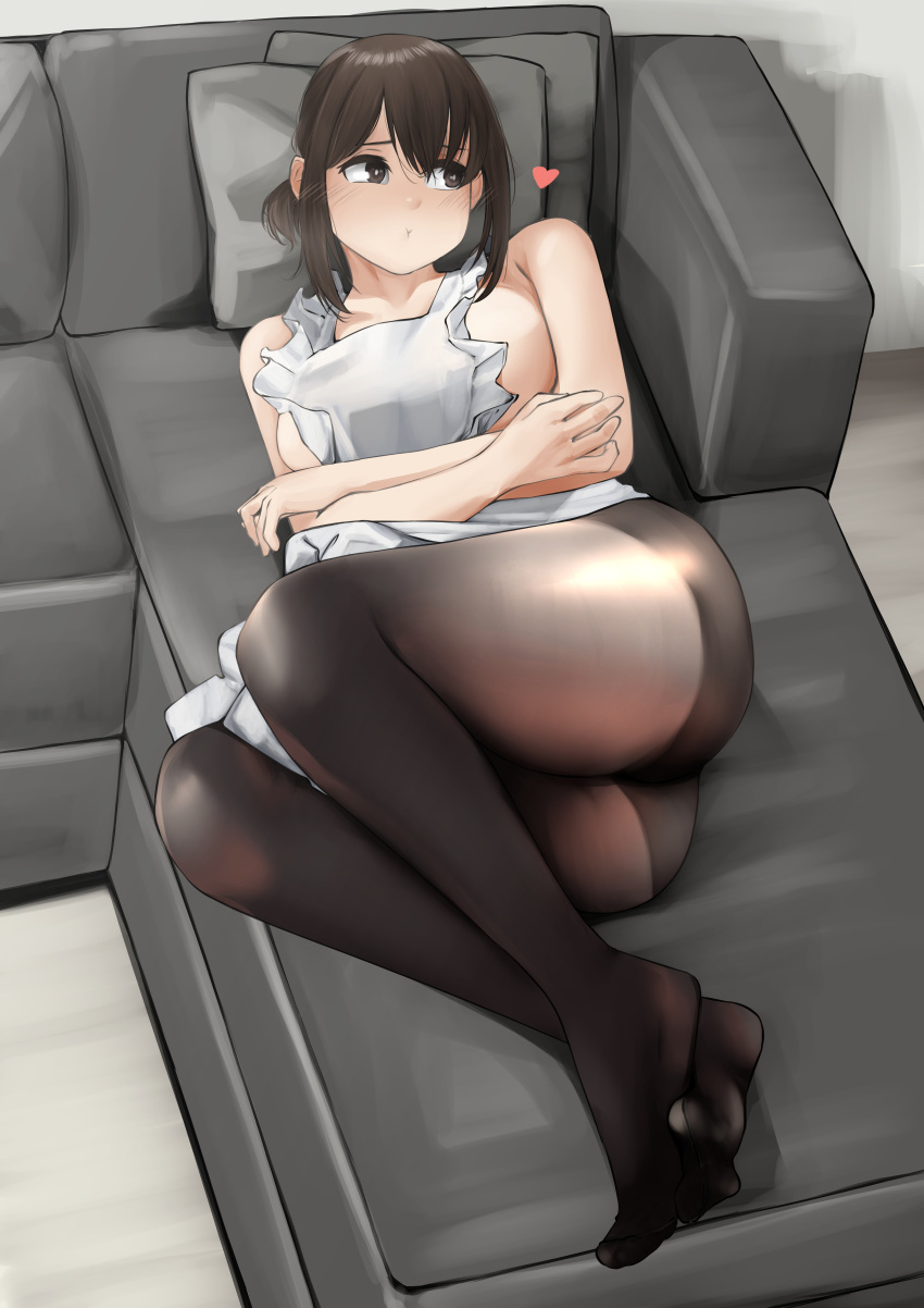 1girl absurdres apron ass bangs bare_shoulders black_legwear blush breasts brown_eyes brown_hair collarbone couch douki-chan_(yomu_(sgt_epper)) full_body ganbare_douki-chan heart highres looking_to_the_side lying medium_breasts no_shoes nose_blush on_back on_couch pantyhose pillow rain_prophet short_hair sideboob solo white_apron