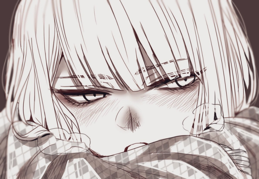 1girl bangs blunt_bangs blush breath checkered checkered_scarf close-up enpera hoshi_san_3 looking_away nose_blush original parted_lips scarf scary_eyes_girl_(hoshi_san_3) solo unmoving_pattern