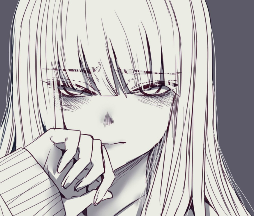 1girl bangs blunt_bangs blush close-up closed_mouth embarrassed eyebrows_visible_through_hair grey_background greyscale hand_up hoshi_san_3 long_hair long_sleeves looking_at_viewer monochrome original portrait scary_eyes_girl_(hoshi_san_3) simple_background solo