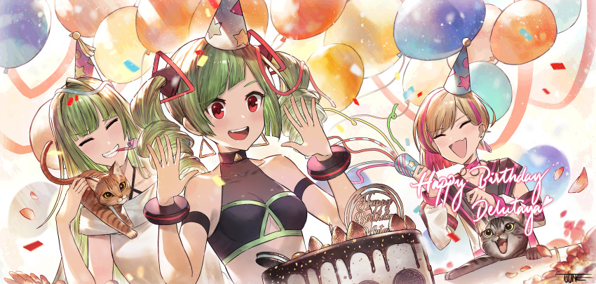 3girls arm_strap balloon bangs birthday_cake cake cat character_request closed_eyes clothing_cutout covered_collarbone delruki delutaya diagonal_bangs drill_hair earrings food green_hair happy_birthday highres indie_virtual_youtuber jewelry jun_wei multiple_girls open_mouth red_eyes triangle_earrings triangle_hair_ornament twin_drills underboob_cutout utaite_(singer) virtual_youtuber