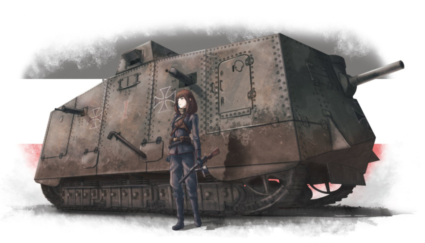 1girl ammunition_belt ammunition_pouch bangs belt belt_buckle black_footwear boots brown_hair buckle closed_mouth full_body german_army green_eyes ground_vehicle gun hair_between_eyes haonfest_art highres holding holding_gun holding_weapon holster imperial_german_flag long_sleeves looking_to_the_side medium_hair military military_uniform military_vehicle motor_vehicle mp18 original pouch solo standing tank uniform weapon world_war_i