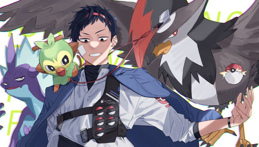 1boy absurdres black_eyes black_jacket black_sweater blue_hair character_request gen_8_pokemon grookey highres jacket jacket_on_shoulders looking_down male_focus nijisanji poke_ball pokemon red_eyes shirt smile solo_focus sugata_dski sweater violet_eyes virtual_youtuber white_shirt yashiro_kizuku