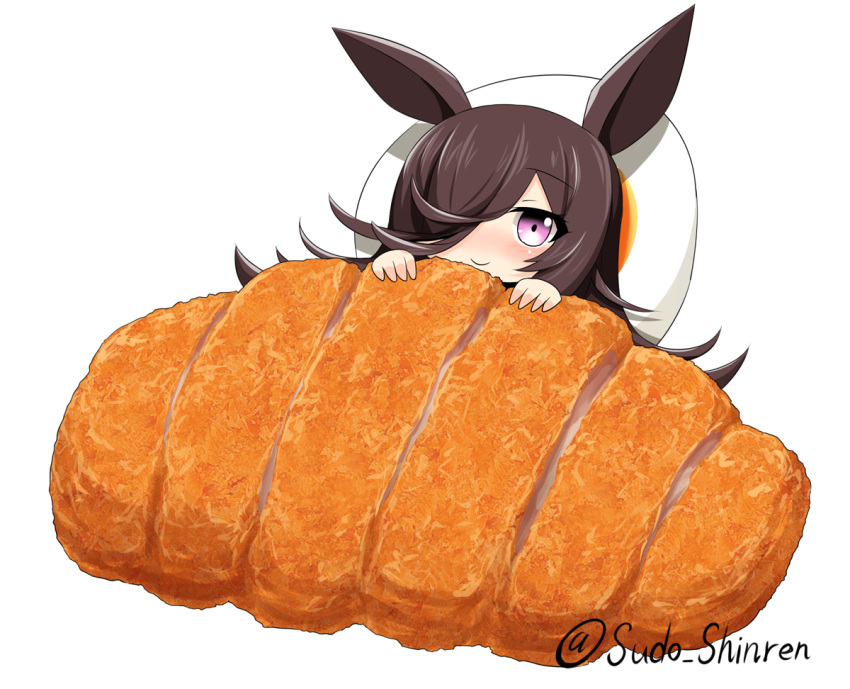 1girl animal_ears bangs blush brown_hair chibi closed_mouth commentary_request eyebrows_visible_through_hair food food_request hair_over_one_eye hands_up horse_ears katsu_(food) looking_at_viewer lying on_back rice_shower_(umamusume) simple_background smile solo sudou_noboru twitter_username umamusume violet_eyes white_background