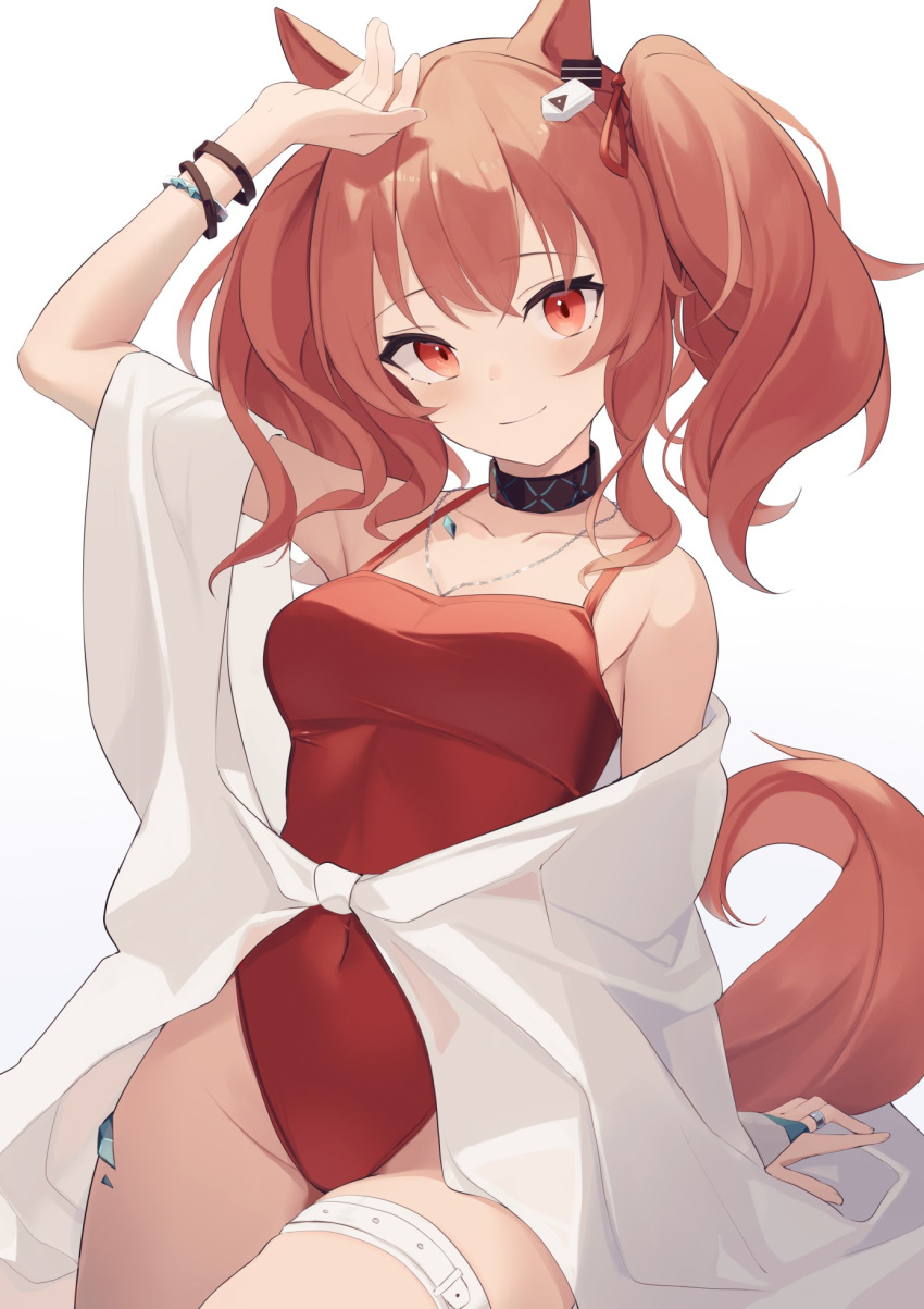 1girl angelina_(arknights) angelina_(summer_flowers)_(arknights) animal_ears arknights arm_up bangs bare_shoulders bracelet breasts brown_hair casual_one-piece_swimsuit closed_mouth collarbone covered_navel cowboy_shot eyebrows_visible_through_hair fox_ears fox_girl fox_tail highres infection_monitor_(arknights) jewelry looking_at_viewer medium_breasts mizu_(lzzrwi603) necklace official_alternate_costume one-piece_swimsuit oripathy_lesion_(arknights) red_eyes red_swimsuit ring sidelocks simple_background smile solo swimsuit tail thigh_strap twintails white_background