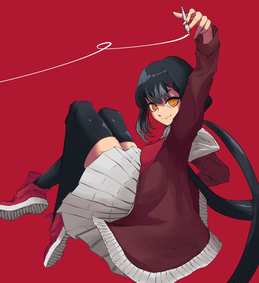 1girl bangs black_hair black_legwear closed_mouth commentary cookie_(touhou) full_body hair_ornament hairpin highres holding holding_pen jacket long_hair looking_at_viewer looking_back odoro_(nicoseiga81184094) orange_eyes pen red_background red_footwear red_jacket red_shirt shirt shoes simple_background skirt smile sneakers solo thigh-highs twintails very_long_hair white_skirt yuyusu_(cookie)