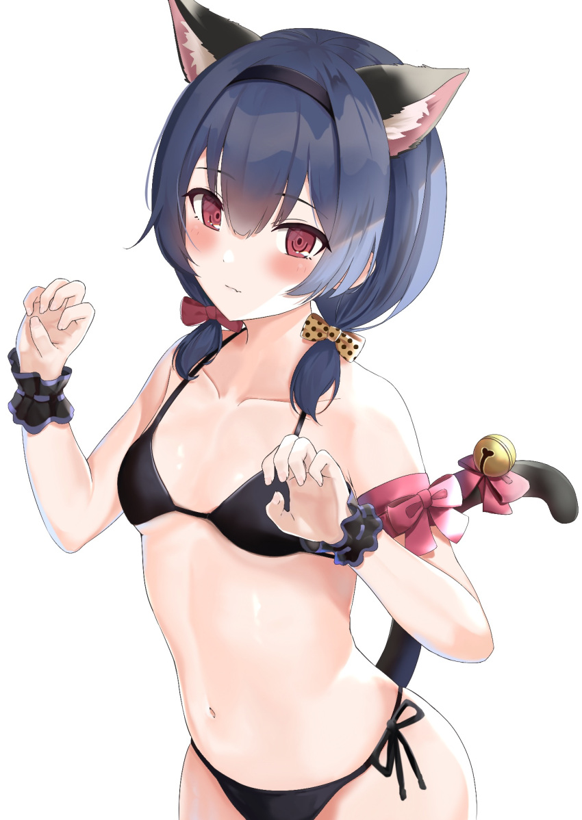 animal_ears armband bangs bare_shoulders bell bikini black_bikini black_swimsuit blush bow breasts cat_ears cat_tail collarbone dark_blue_hair eyebrows_visible_through_hair fang fang_out flat_chest hair_between_eyes hair_bow halterneck headband highres idolmaster idolmaster_shiny_colors looking_at_viewer mm_(pomeme4) morino_rinze navel polka_dot polka_dot_bow red_bow red_eyes ribbon_trim side-tie_bikini side-tie_swimsuit sidelocks simple_background small_breasts smile solo swimsuit tail twintails white_background wrist_cuffs