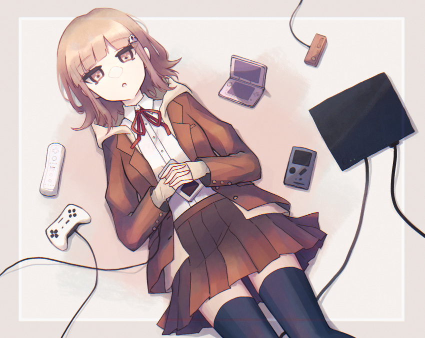 1girl :o bangs black_legwear blunt_bangs brown_eyes brown_hair brown_jacket brown_skirt collared_shirt commentary_request controller dangan_ronpa_(series) dangan_ronpa_3_(anime) dress_shirt eyebrows_visible_through_hair from_above galaga game_boy game_console game_controller glasses hair_ornament handheld_game_console hands_together highres hope's_peak_academy_school_uniform inase_(inasenanaki) jacket long_sleeves looking_at_viewer lying medium_hair miniskirt nanami_chiaki neck_ribbon nintendo_ds on_back open_clothes open_mouth pleated_skirt red_neckwear ribbon school_uniform shiny shiny_hair shirt simple_background skirt solo thigh-highs white_shirt wii_remote zettai_ryouiki