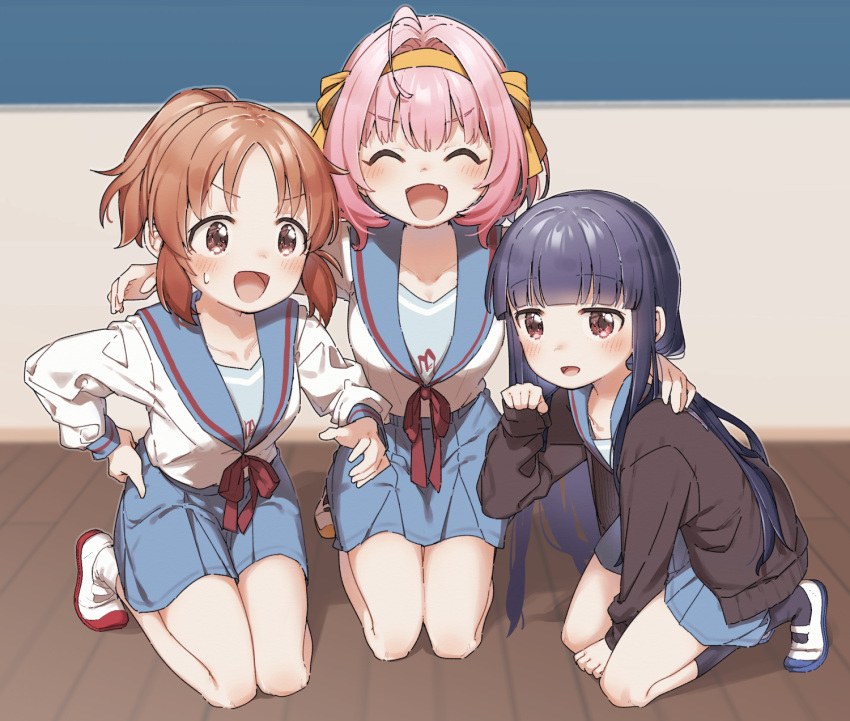 3girls :d ^_^ abe_nana ahoge bangs black_cardigan blue_hair blue_sailor_collar blue_skirt blush breasts brown_eyes brown_hair cardigan closed_eyes cosplay eyebrows_visible_through_hair facing_viewer fang hair_intakes hairband highres idolmaster idolmaster_cinderella_girls kita_high_school_uniform kneeling long_hair long_sleeves medium_breasts multiple_girls open_cardigan open_clothes open_mouth orange_hairband parted_bangs pleated_skirt ponytail sailor_collar sajo_yukimi school_uniform shirt skirt smile socks suzumiya_haruhi_no_yuuutsu sweat v-shaped_eyebrows very_long_hair white_legwear white_shirt yukie_(kusaka_shi) yumemi_riamu