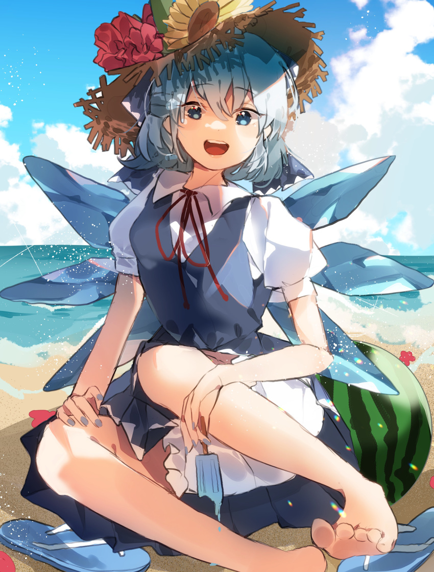 1girl absurdres bangs barefoot bloomers blue_bow blue_dress blue_eyes blue_footwear blue_hair blue_sky bow bowtie brown_headwear cirno clouds cloudy_sky collar dress eyebrows_visible_through_hair flower food fruit gominami hair_between_eyes hat highres ice ice_cream ice_wings leaf light looking_at_viewer ocean open_mouth pants puffy_short_sleeves puffy_sleeves red_bow red_flower red_neckwear sand shadow shirt short_hair short_sleeves sitting sky slippers smile solo sunflower sunlight touhou underwear water watermelon white_pants white_shirt wings yellow_flower