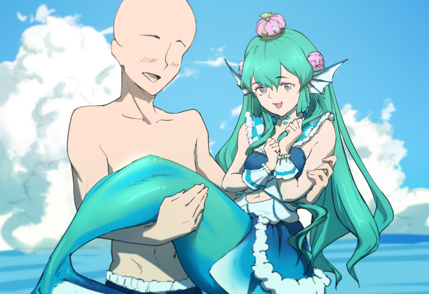 1boy 1girl bald blue_skirt breasts carrying clothing_cutout code_geass crown english_commentary faceless faceless_male finana_ryugu flower green_hair hair_flower hair_ornament head_fins highres holding_person long_hair looking_at_viewer medium_breasts meme mermaid monster_girl navel navel_cutout nijisanji nijisanji_en ocean open_mouth princess_carry purple_headwear skirt sky smile textless vii7ths violet_eyes virtual_youtuber water