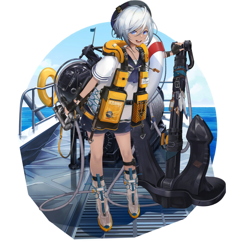 1boy :d anchor binoculars black_gloves black_headwear blue_eyes boat boots character_name clouds fingerless_gloves freckles girls_frontline girls_frontline_neural_cloud gloves hair_between_eyes hat highres holding holding_binoculars lifebuoy looking_at_viewer male_focus neckerchief ocean official_art open_mouth sailor_collar sailor_shirt shirt short_hair short_sleeves shorts sky smile solo transparent_background watercraft whistle whistle_around_neck white_hair white_shirt yanny_(girls_frontline_nc)