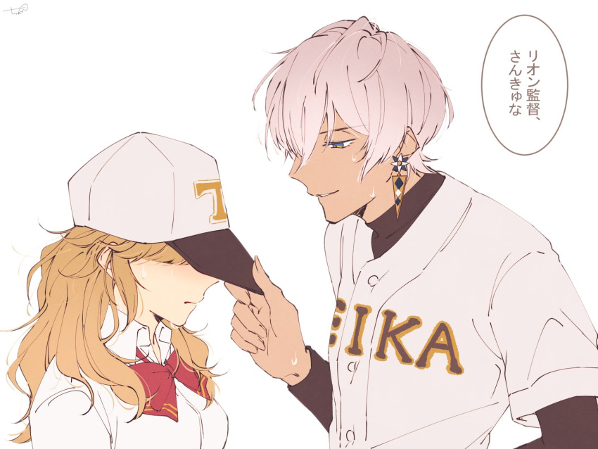 1boy 1girl baseball_cap baseball_uniform blonde_hair chon_(choncha_9) crying dark-skinned_male dark_skin earrings from_side hair_behind_ear hat highres ibrahim_(nijisanji) jewelry long_hair nijisanji parted_lips silver_hair smile speech_bubble sportswear takamiya_rion translation_request violet_eyes virtual_youtuber white_background white_headwear