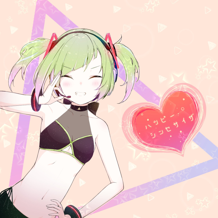 1girl bangs blush clenched_teeth closed_eyes clothing_cutout delutaya diagonal_bangs eyebrows_visible_through_hair green_hair hand_on_hip happy_synthesizer_(vocaloid) highres indie_virtual_youtuber navel solo taiyu teeth triangle_hair_ornament twintails underboob_cutout utaite_(singer) virtual_youtuber