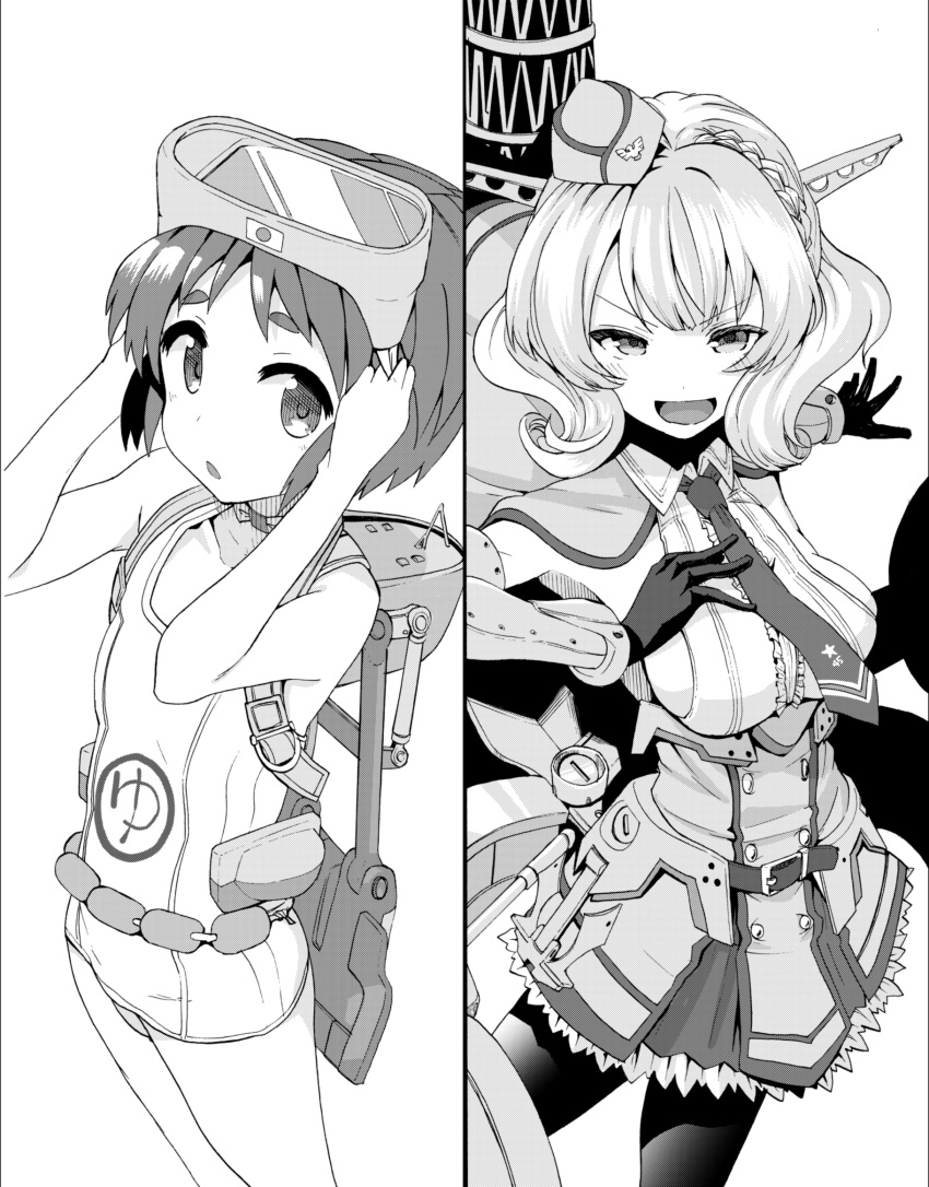 2girls bangs breasts colorado_(kancolle) diving_mask diving_mask_on_head dress garrison_cap gloves goggles goggles_on_head greyscale hand_on_own_chest hat headgear highres kantai_collection maru-yu_(kancolle) medium_breasts monochrome multiple_girls necktie one-piece_swimsuit open_mouth pantyhose parted_lips rigging short_hair sideboob simple_background star_(symbol) swimsuit tsuji_kazuho