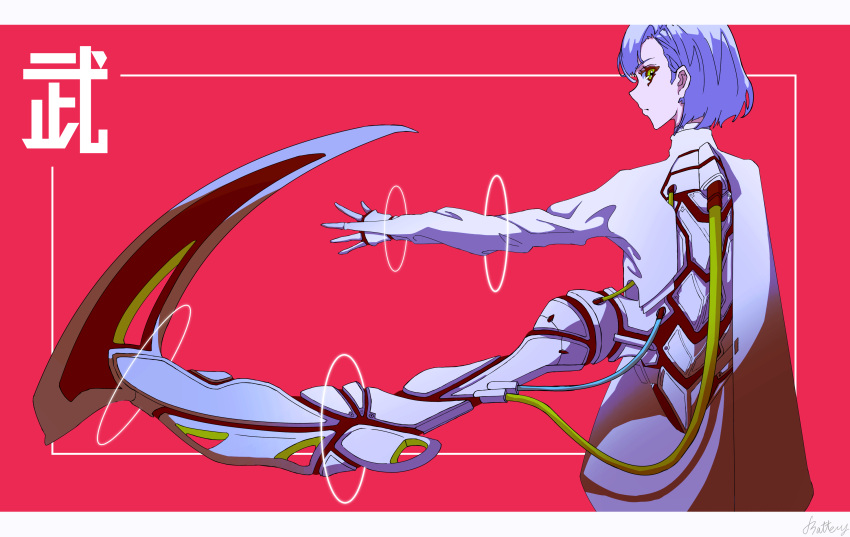 1girl absurdres battery_06 blue_hair commentary_request from_behind green_eyes hair_behind_ear highres looking_at_viewer looking_back mecha_musume mechanical_arms original outstretched_arm profile red_background scythe short_hair signature simple_background solo tube upper_body
