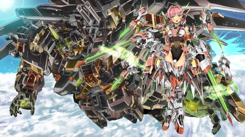 1girl absurdres arm_blade bangs black_gloves black_leotard blush boots clouds elbow_gloves eyebrows_visible_through_hair flying garimpeiro gloves glowing glowing_eyes glowing_hands green_eyes highres leotard looking_to_the_side looking_up mecha mecha_musume metal_boots open_hands open_mouth original pink_hair science_fiction sky smile thigh-highs thigh_boots weapon