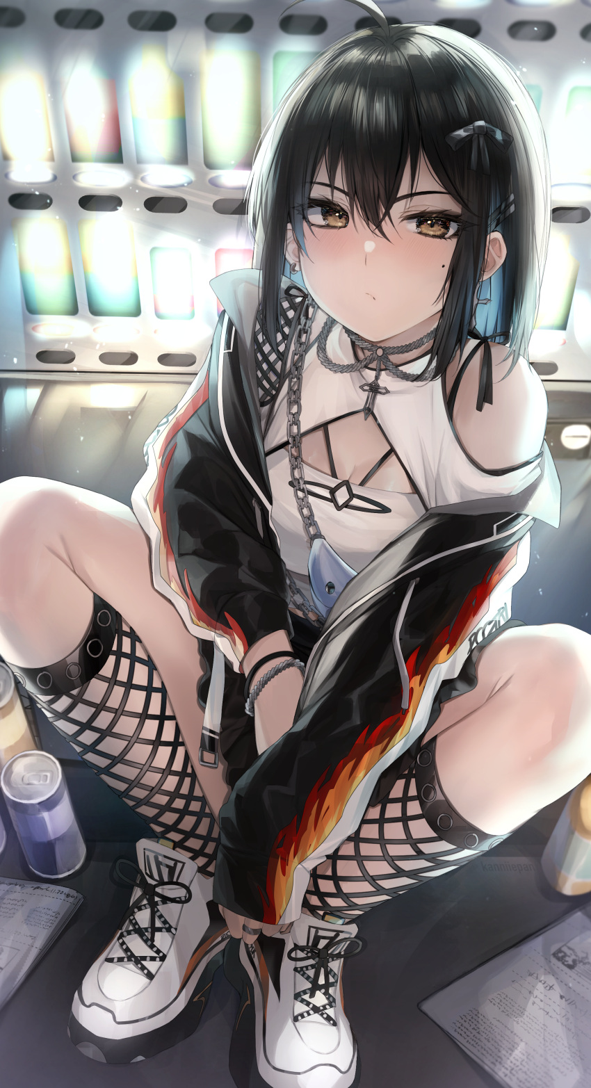 1girl absurdres ahoge artist_name bangs black_bow black_hair black_jacket black_skirt blue_hair bow bracelet breasts brown_eyes can chain closed_mouth clothing_cutout colored_inner_hair commentary cross cross_earrings earrings english_commentary fishnet_legwear fishnets full_body hair_between_eyes hair_bow highres irene_(kanniiepan) jacket jewelry kanniiepan kneehighs long_sleeves looking_at_viewer medium_hair mismatched_earrings mole mole_under_eye multicolored_hair necklace off_shoulder open_clothes open_jacket original ring shirt shoes shoulder_cutout sidelocks skirt solo squatting two-tone_hair white_footwear white_shirt wristband
