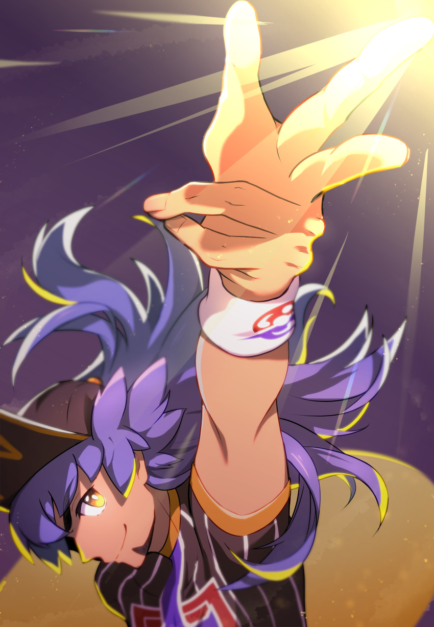 1boy absurdres arm_up bangs baseball_cap champion_uniform charizard_pose closed_mouth commentary_request dark-skinned_male dark_skin facial_hair hat highres leon_(pokemon) long_hair looking_up male_focus pokemon pokemon_(game) pokemon_swsh purple_hair shirt short_sleeves smile solo upper_body w white_wristband yellow_eyes yunoru