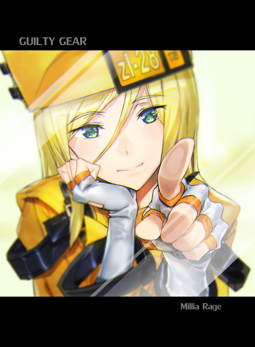 1girl absurdres ashiomi_masato blonde_hair blue_eyes closed_mouth fingerless_gloves gloves guilty_gear hat highres long_hair long_sleeves looking_at_viewer millia_rage orange_headwear solo