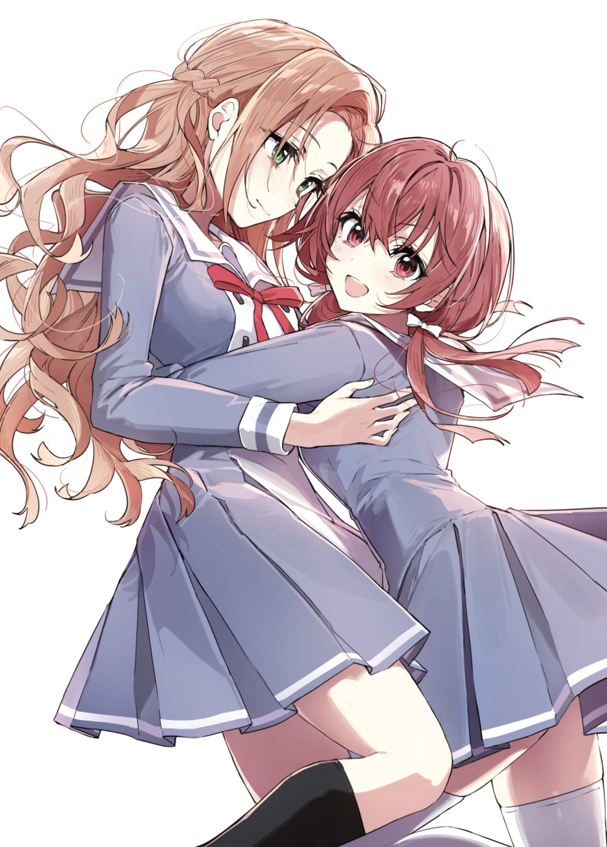 2girls :d black_legwear blush braid brown_hair buttons copyright_request double-breasted french_braid green_eyes hair_ribbon highres hug kneehighs long_hair looking_at_another low_twintails multiple_girls neck_ribbon open_mouth pleated_skirt red_eyes red_ribbon redhead ribbon sailor_collar school_uniform skirt smile thigh-highs twintails wattaro white_background white_legwear white_ribbon white_sailor_collar