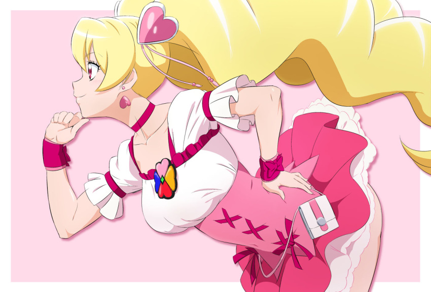 1girl bent_over blonde_hair border breasts choker closed_mouth collarbone cowboy_shot cure_peach earrings fresh_precure! fuchi_(nightmare) hair_ornament hand_on_hip heart heart_earrings heart_hair_ornament high-waist_skirt jewelry layered_skirt long_hair medium_breasts miniskirt outside_border pink_background pink_skirt precure profile red_choker red_eyes shiny shiny_hair shirt short_sleeves skirt smile solo twintails very_long_hair white_border white_shirt wrist_cuffs