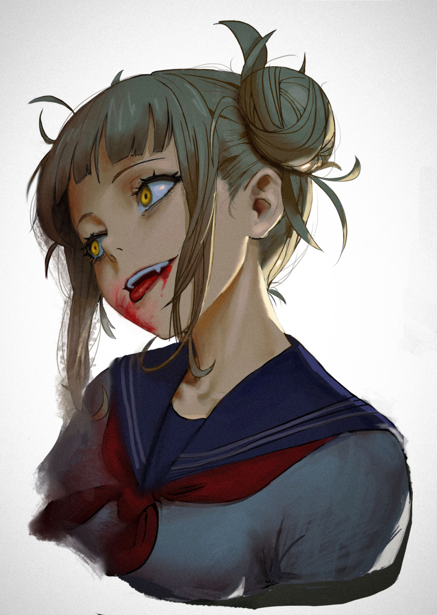 1girl absurdres bangs blonde_hair blood blood_from_mouth blood_on_clothes blood_on_face blue_sailor_collar blunt_bangs boku_no_hero_academia commentary cool4noodle crazy_eyes cropped_torso double_bun eyelashes fangs from_below from_side hair_strand hair_up head_tilt highres licking_lips looking_ahead messy_hair mixed-language_commentary neckerchief open_mouth portrait red_neckwear sailor_collar sanpaku school_uniform serafuku sidelocks simple_background toga_himiko tongue tongue_out white_background yellow_eyes
