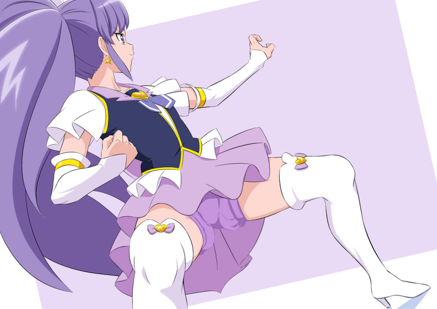 1girl black_vest boots closed_mouth cure_fortune detached_sleeves earrings floating_hair fuchi_(nightmare) grey_background happinesscharge_precure! high_heel_boots high_heels jewelry long_hair long_sleeves miniskirt ponytail precure purple_hair purple_shorts purple_skirt shiny shiny_hair short_shorts short_sleeves shorts shorts_under_skirt skirt solo stance standing star_(symbol) star_earrings thigh-highs thigh_boots v-shaped_eyebrows very_long_hair vest white_footwear white_sleeves