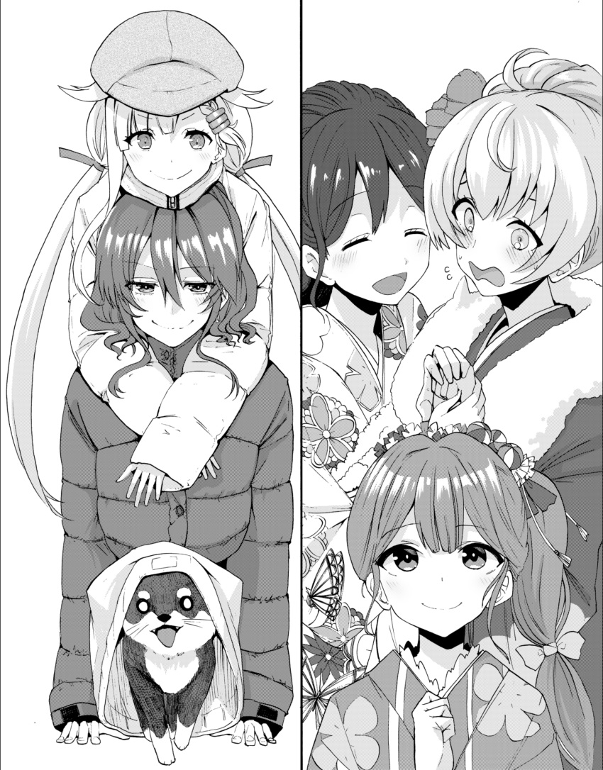 5girls alternate_costume alternate_hairstyle ashigara_(kancolle) bangs blush closed_eyes coat dog eyebrows_visible_through_hair floral_print flying_sweatdrops fur_trim gambier_bay_(kancolle) greyscale haguro_(kancolle) hair_between_eyes hair_flaps hair_ornament hair_ribbon hairclip hat highres japanese_clothes kamikaze_(kancolle) kantai_collection kimono long_hair long_sleeves low_twintails monochrome multiple_girls open_mouth remodel_(kantai_collection) ribbon simple_background smile sweat tsuji_kazuho twintails yuudachi_(kancolle)
