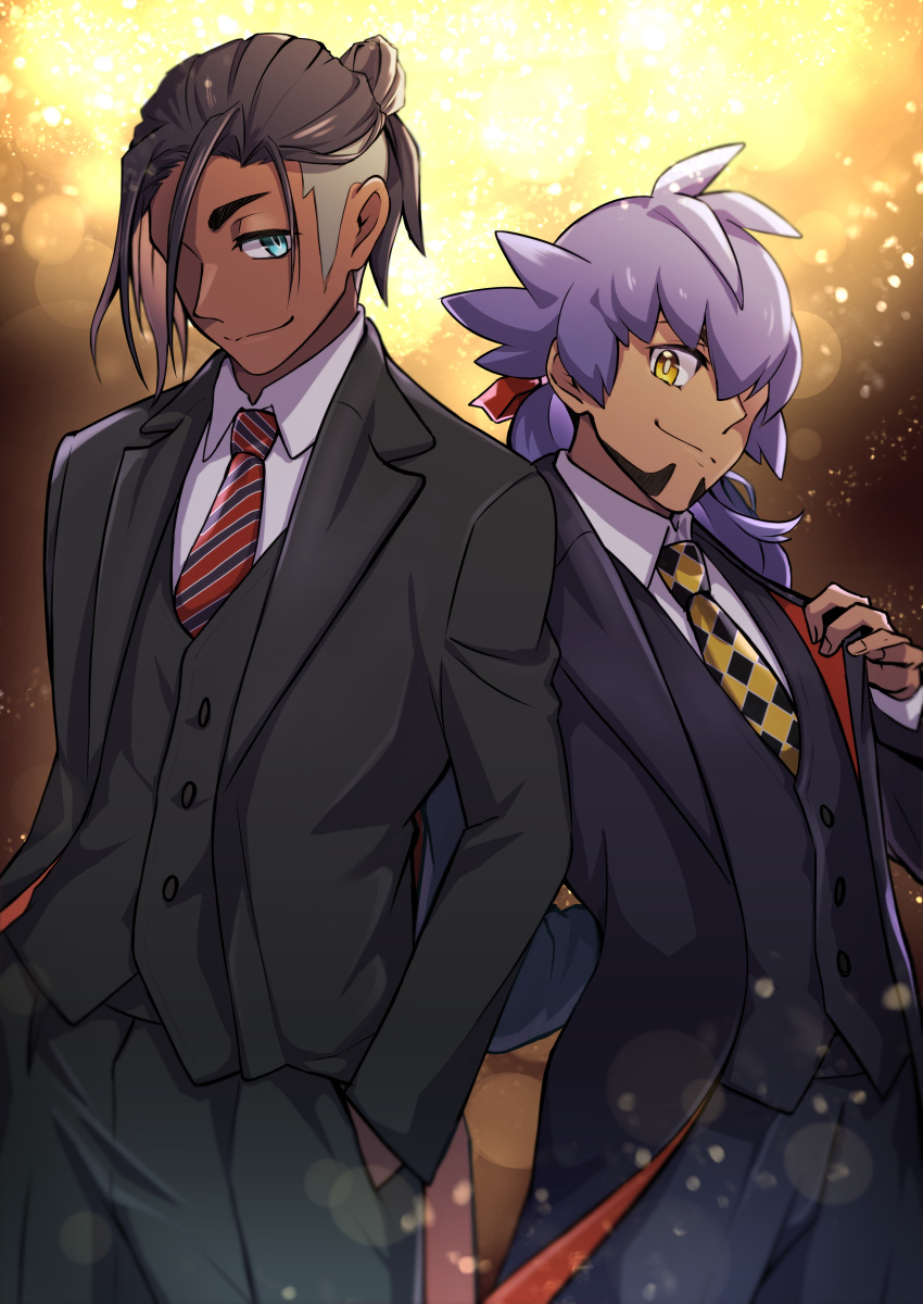 2boys absurdres alternate_costume arm_behind_back bangs black_jacket black_pants black_vest bright_pupils buttons closed_mouth collared_shirt commentary_request dark-skinned_male dark_skin facial_hair gym_leader hand_in_pocket hand_up highres jacket leon_(pokemon) long_hair looking_at_viewer male_focus missing_eye multiple_boys necktie pants pokemon pokemon_(game) pokemon_swsh purple_hair raihan_(pokemon) red_neckwear shirt short_hair smile split_mouth undercut vest white_pupils white_shirt yellow_eyes yellow_neckwear yunoru