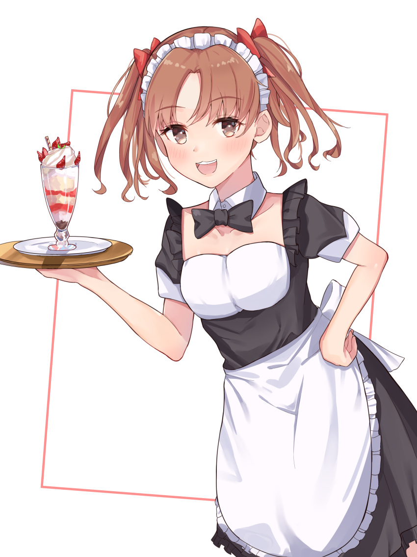 1girl :3 absurdres alternate_costume apron bangs black_bow bow bowtie braid brown_hair commentary drinking_straw enmaided eyebrows_visible_through_hair food frills fruit hair_ornament hand_on_hip head_wreath highres ice_cream looking_at_viewer maid maid_apron maid_cafe maid_headdress plate red_ribbon ribbon school_uniform setsu74603461 shirai_kuroko skirt solo strawberry sundae tied_hair toaru_kagaku_no_railgun toaru_majutsu_no_index tray twin_braids twintails victorian_maid waist_apron waitress whipped_cream