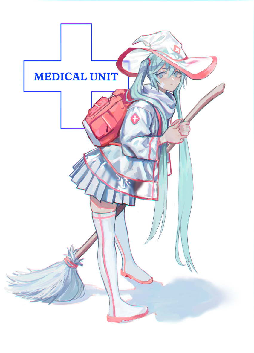 1girl aqua_eyes aqua_hair backpack bag bandaid bandaid_on_face boots broom chromatic_aberration closed_mouth commentary english_commentary english_text full_body greek_cross hair_between_eyes hands_up hat hatsune_miku highres holding holding_broom jacket leaning_forward long_hair long_sleeves looking_at_viewer looking_to_the_side pink_bag scarf shadow skirt solo standing thigh-highs thigh_boots transparent_headwear twintails vertigris very_long_hair vocaloid white_background white_footwear white_jacket white_legwear white_scarf white_skirt witch witch_hat