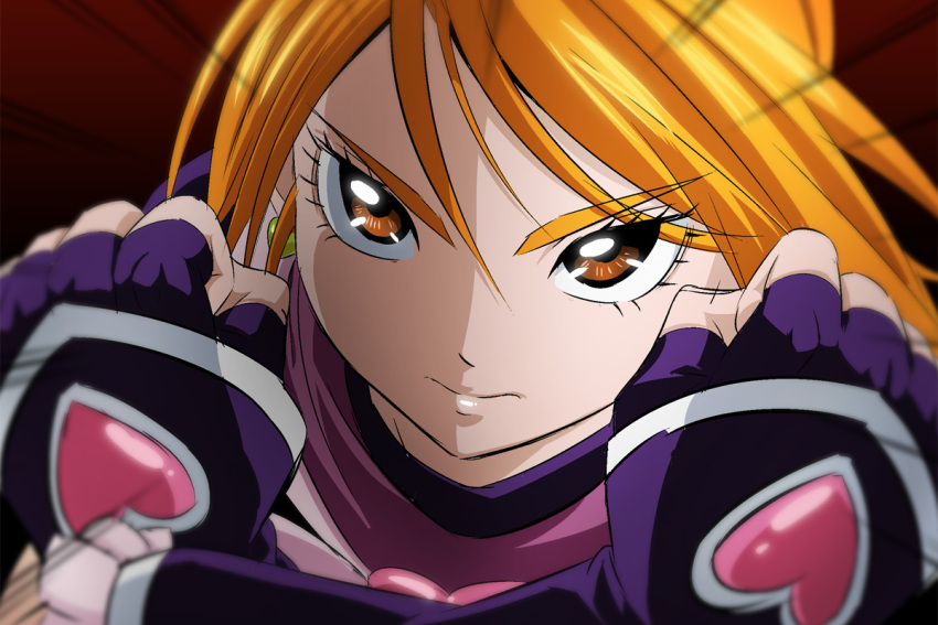 1girl bangs black_gloves blonde_hair brown_eyes clenched_hands closed_mouth cure_black earrings elbow_gloves eyebrows_visible_through_hair fingerless_gloves frilled_gloves frills fuchi_(nightmare) futari_wa_precure gloves hair_between_eyes jewelry portrait precure shiny shiny_hair short_hair solo swept_bangs v-shaped_eyebrows