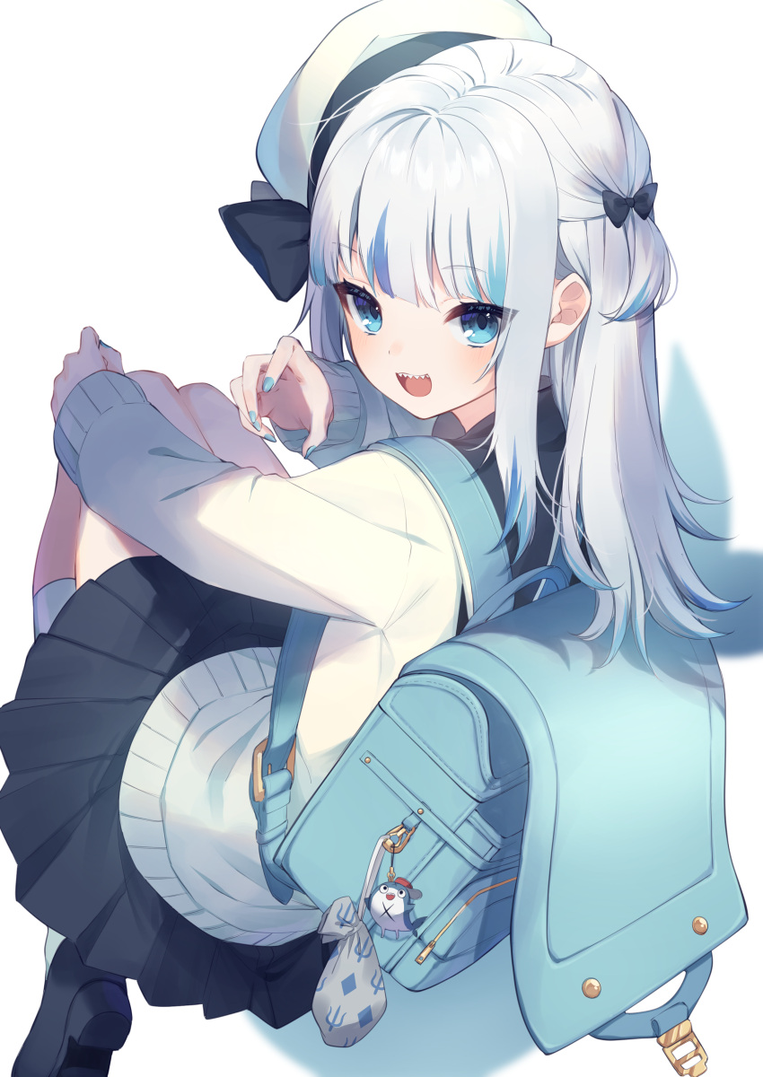 1girl :d absurdres aqua_nails backpack bag bangs black_skirt blue_eyes blush eyebrows_visible_through_hair eyes_visible_through_hair gawr_gura grey_hair highres hololive hololive_english long_hair long_sleeves looking_at_viewer looking_to_the_side mochizuki_mochi multicolored_hair open_mouth pleated_skirt randoseru school_uniform sharp_teeth shirt shoes short_twintails sidelocks silver_hair simple_background skirt smile socks solo teeth twintails two-tone_hair white_background white_hair white_headwear white_shirt