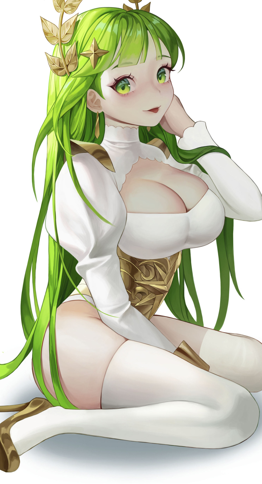 1girl absurdres afk_arena breasts commentary flora_(afk_arena) green_eyes green_hair highres large_breasts long_hair looking_at_viewer sirusand sitting tongue tongue_out white_background white_legwear