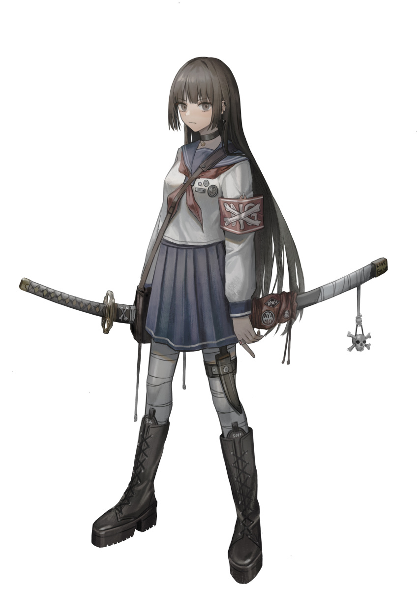 1girl absurdres bandaged_leg bandages bangs black_choker black_footwear blouse blue_sailor_collar blue_skirt boots brown_eyes brown_hair choker closed_mouth commentary expressionless full_body highres holster katana knee_boots knife legs_apart long_hair long_sleeves looking_at_viewer neckerchief original pleated_skirt red_armband red_neckwear sailor_collar school_uniform serafuku shoulder_strap simple_background skirt skull solo standing subfiction sword thigh_holster very_long_hair weapon white_background white_blouse