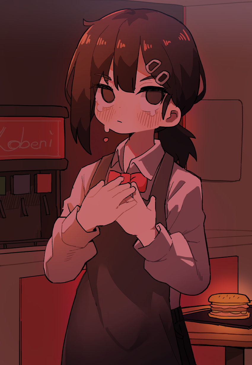 1girl absurdres apron black_eyes black_hair black_pants blush bow bowtie burger chainsaw_man collared_shirt crying drinking_fountain eyebrows_visible_through_hair food hair_ornament hairpin hands_on_own_chest hands_together higashiyama_kobeni highres indoors ix long_sleeves looking_at_viewer pants red_neckwear restaurant shirt shirt_tucked_in short_hair soda solo tears tied_hair waitress white_shirt