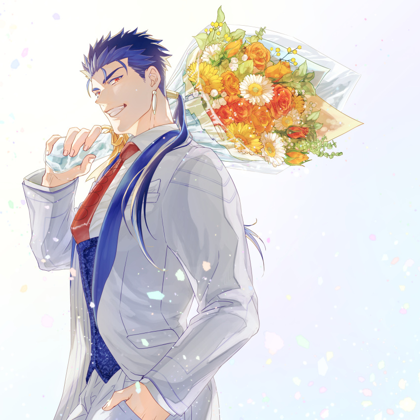 1boy absurdres blue_hair bouquet cu_chulainn_(fate) cu_chulainn_(fate/stay_night) daisy daro_maru earrings fate/grand_order fate_(series) flower formal grin hair_over_shoulder hair_strand hand_in_pocket highres holding holding_bouquet jewelry long_hair looking_at_viewer making-of_available male_focus necktie orange_flower orange_rose ponytail red_eyes red_neckwear rose smile solo suit upper_body white_background white_suit