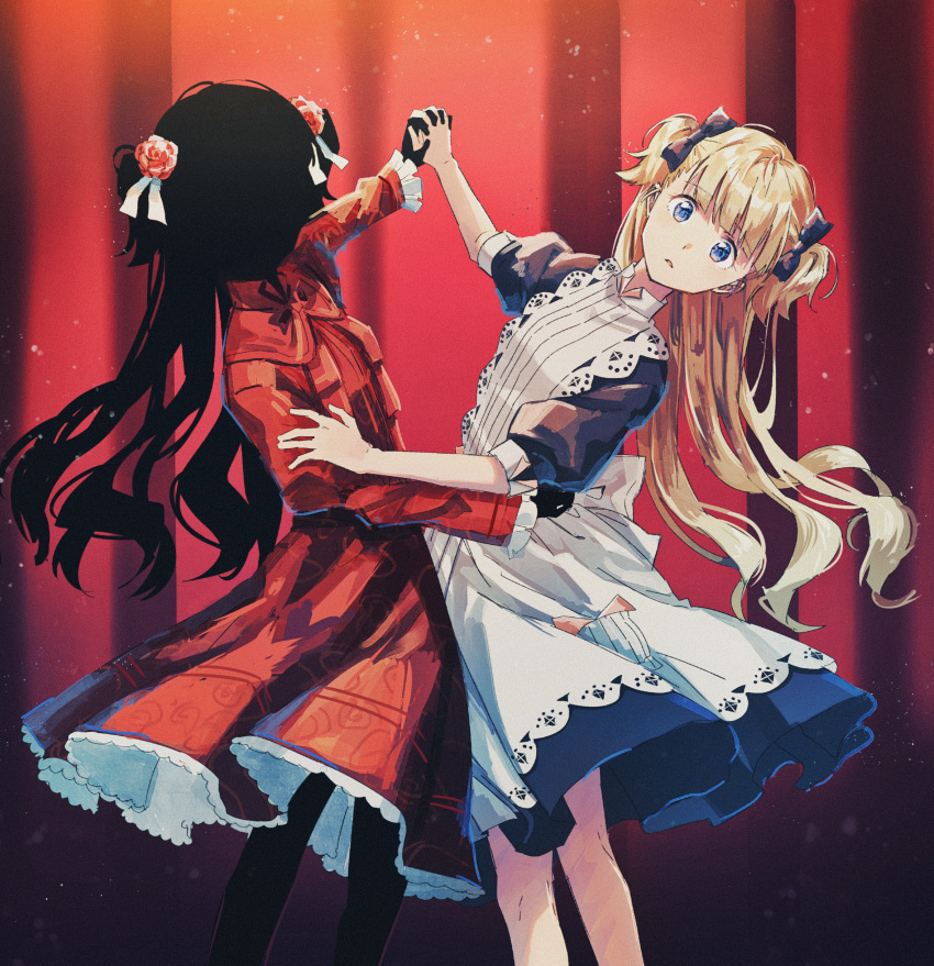 2girls absurdres bangs blonde_hair blue_bow blue_dress blue_eyes bow collared_dress commentary curtains dancing dress emilico_(shadows_house) eyebrows_visible_through_hair feet_out_of_frame flower hair_bow hair_flower hair_ornament hajikkoneko highres huge_filesize kate_(shadows_house) light_particles long_hair long_sleeves looking_at_viewer multiple_girls parted_lips petticoat puffy_short_sleeves puffy_sleeves red_dress red_flower shadow_(shadows_house) shadows_house short_sleeves surprised white_dress