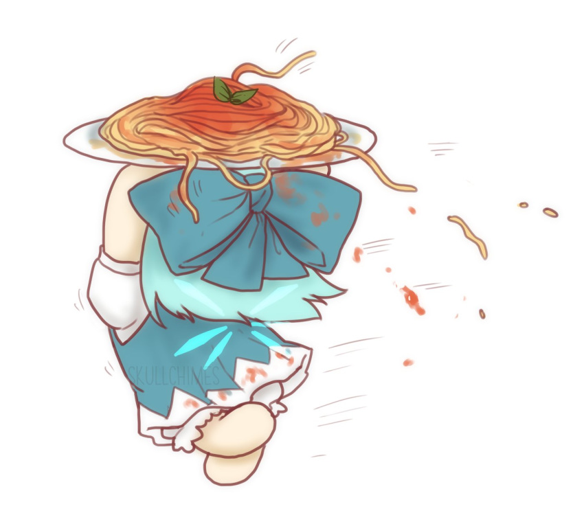 1girl back bloomers blue_bow blue_dress blue_hair bow cirno dirty dirty_clothes dress food highres holding holding_up pasta puffy_short_sleeves puffy_sleeves running short_hair short_sleeves simple_background skullchimes solo spaghetti touhou underwear white_background