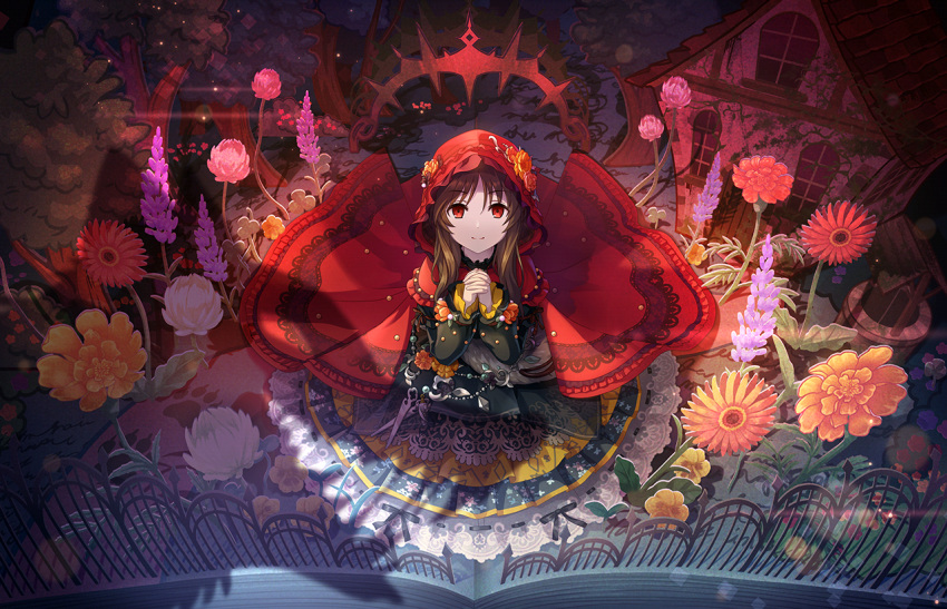 1girl brown_hair dark_persona dress flower from_above green_dress hands_together house idolmaster idolmaster_cinderella_girls idolmaster_cinderella_girls_starlight_stage lace_trim light_smile looking_at_viewer moss official_art praying red_eyes red_hood solo takamori_aiko