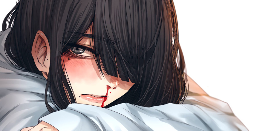 1girl black_hair blood blush grey_eyes hair_over_one_eye highres hoshi_san_3 long_hair long_sleeves looking_at_viewer mole_on_ear nosebleed one_eye_covered original shirt simple_background solo upper_body white_background white_shirt