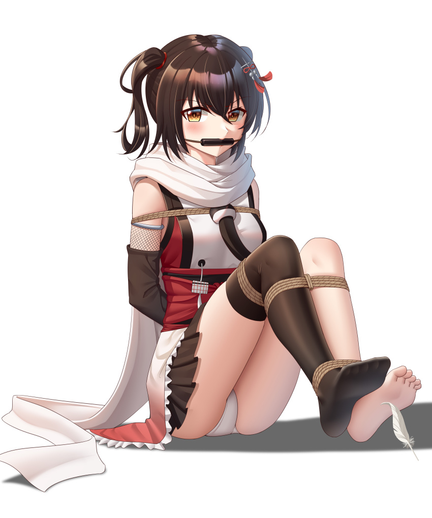 1girl absurdres arms_behind_back bdsm black_gloves black_legwear black_skirt bondage bound bound_arms bound_legs brown_eyes brown_hair chinese_commentary commentary elbow_gloves feathers gag gagged gloves highres kantai_collection miniskirt panties pleated_skirt remodel_(kantai_collection) scarf school_uniform sendai_(kancolle) serafuku single_thighhigh sitting skirt solo thigh-highs tickling two_side_up underwear white_panties white_scarf wo_cao_xiao