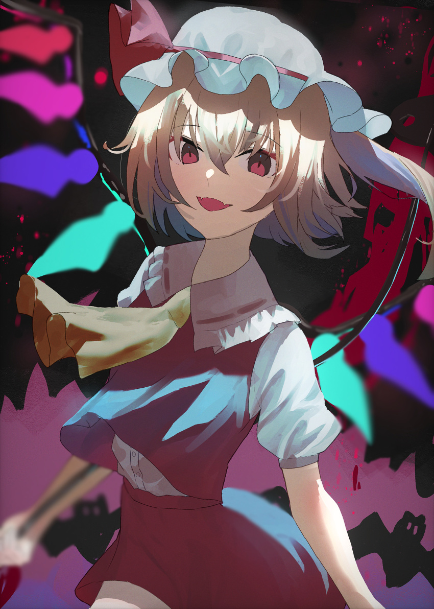 1girl 38_(sanjuuhachi) absurdres ascot bangs black_background blonde_hair buttons collar crystal eyebrows_visible_through_hair flandre_scarlet hair_between_eyes hat hat_ribbon highres jewelry light looking_at_viewer mob_cap multicolored multicolored_wings one_side_up open_mouth pink_background polearm puffy_short_sleeves puffy_sleeves purple_background red_eyes red_ribbon red_skirt red_vest ribbon shadow shirt short_hair short_sleeves skirt smile solo spear touhou vest weapon white_headwear white_shirt wings yellow_neckwear
