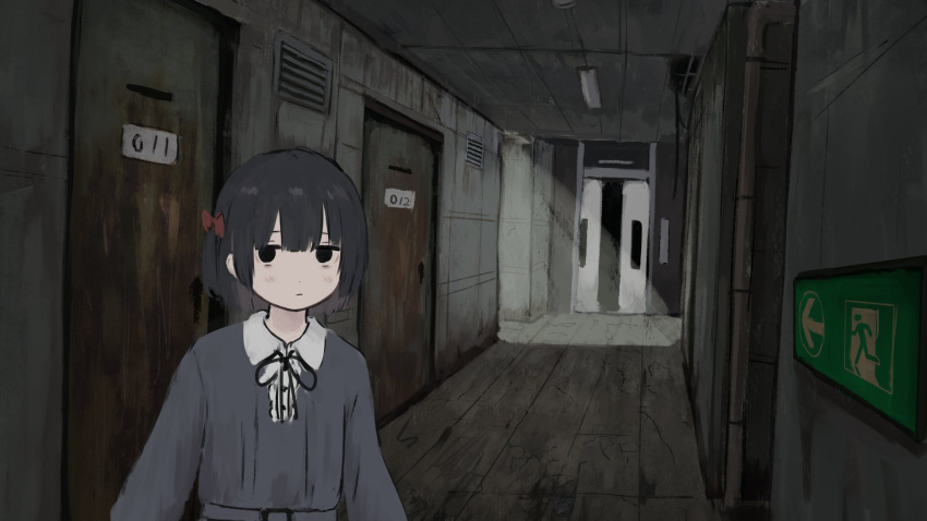 1girl abandoned black_eyes black_hair black_ribbon bow ceiling_light center_frills closed_mouth collared_dress commentary_request dress emergency_exit exit_sign expressionless frills grey_dress hair_bow hallway highres indoors jitome light_rays long_sleeves looking_at_viewer neck_ribbon one_side_up original red_bow ribbon rust short_hair solo sunbeam sunlight toyono_saki upper_body
