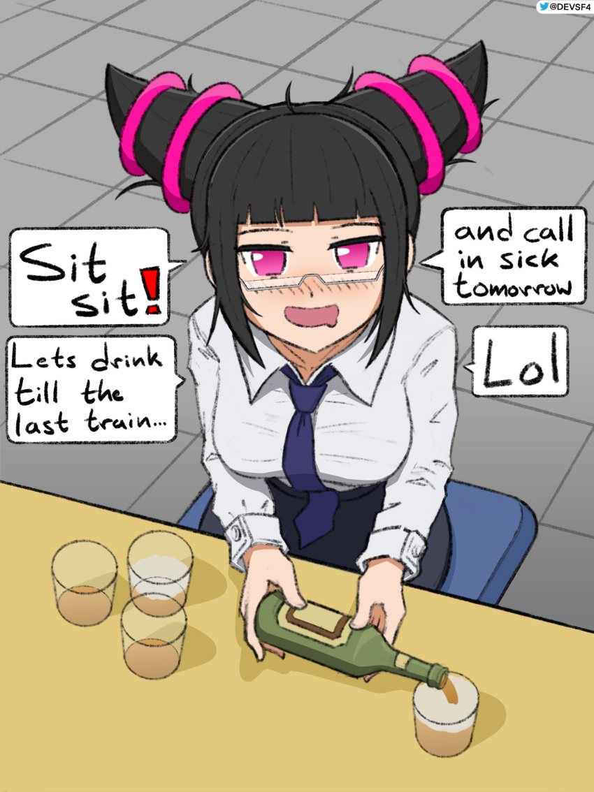 1girl absurdres alcohol bangs bespectacled black_hair black_skirt blue_neckwear blunt_bangs blush bottle breasts devon_(devsf4) drill_hair drooling drunk english_commentary english_text glass glasses han_juri highres large_breasts looking_at_viewer necktie nose_blush office_lady out_of_character pencil_skirt pouring semi-rimless_eyewear shirt short_hair sitting skirt solo street_fighter street_fighter_iv_(series) table tile_floor tiles twin_drills twitter_username under-rim_eyewear violet_eyes watermark white_shirt