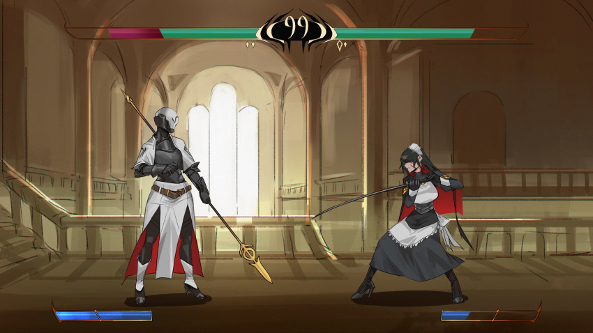 absurdres armor belt black_gloves black_hair blindfold boots breastplate capelet commentary english_commentary fighting_game fighting_stance full_body gauntlets gloves health_bar helm helmet high_heel_boots high_heels highres indoors katana legs_apart less long_hair maid maid_headdress original plate_armor polearm spear standing sword weapon